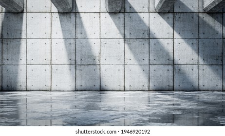 Concrete Wall With Reflections In The Wet Ground - Background - 3d Rendering