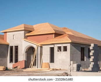 Concrete And Wood Exterior Of Single-family House Under Construction In A Suburban Development On A Sunny Morning In Southwest Florida. Light Digital Oil-painting Effect, 3D Rendering.