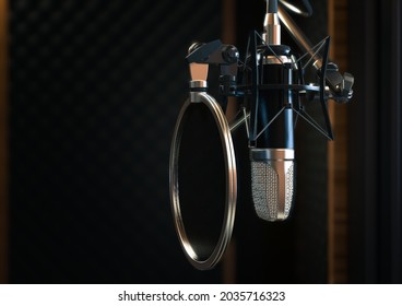 A condenser microphone dimly lit in a wooden sound studio with sound proofed walls - 3D render