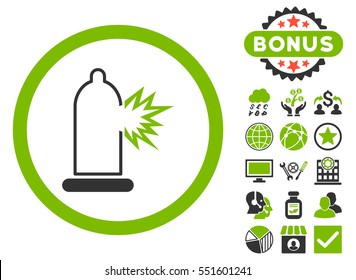 Condom Damage icon with bonus elements. Glyph illustration style is flat iconic bicolor symbols, eco green and gray colors, white background.