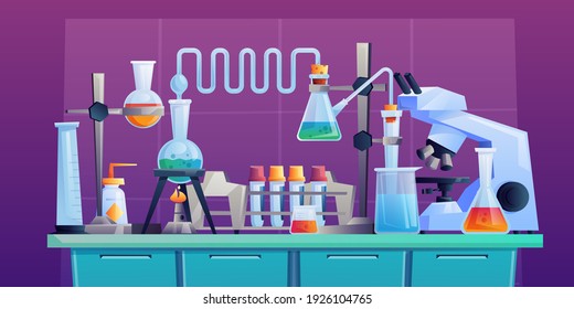 Conducting chemical test or experiment on indoor table, laboratory to conduct medical researchers with test tubes, beakers and pipeline. cartoon pharmaceutical and medical glassware, microscope