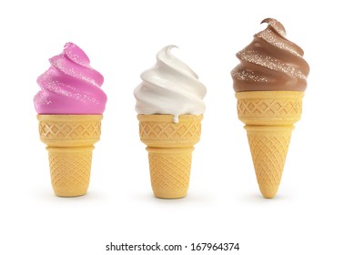 Cone with ice-cream vanilla chocolate and fruity. Isolated on white background. Clipping path included
