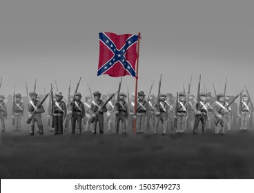 Confederate Soldiers In The U.S. Civil War Of The 1860's. Army Of Northern Virginia Flag. Original Illustration.