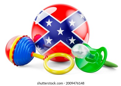 Confederate States Of America Flag With Pacifier And Baby Rattle. 3D Rendering Isolated On White Background