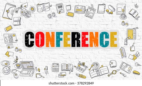 Conference Concept. Modern Line Style Illustration. Multicolor Conference Drawn on White Brick Wall. Doodle Icons. Doodle Design Style of Conference Concept. - Powered by Shutterstock