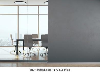 Conference Office Room With Panoramic Megapolis City View And Blank Wall. Workplace And Lifestyle Concept. 3D Rendering