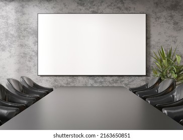 Conference room with blank, empty TV screen. Monitor mock up. Business meeting room with LCD screen for presentation, advertising. Modern, contemporary office. Copy space, template. 3d rendering - Powered by Shutterstock