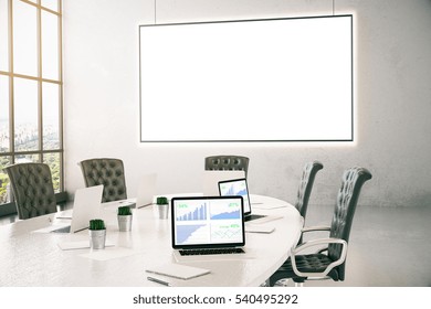 Conference Room With Business Chart On Laptop Screen And Empty Whiteboard. 3D Rendering