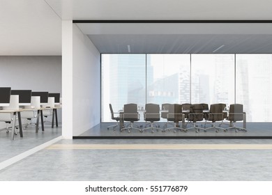 Conference Room With Glass Wall And Panoramic Window. Large Open Office Space Is To The Left Of It. 3d Rendering.