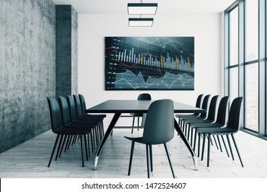 Conference Room Interior With Financial Chart On Screen Monitor On The Wall. Stock Market Analysis Concept. 3d Rendering.