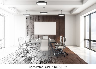 Conference Room Interior Sketch With Meeting Table, Chairs And Blank White Poster On Wooden Wall. 3D Rendering