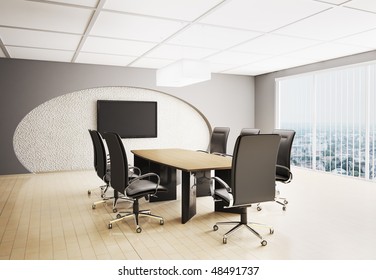 Conference Room With Lcd Tv Interior 3d Render