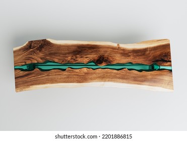 A Conference Room Table With Adjustable Metal Legs And A Natural Wooden Slab Surface With A Blue Resin Inlay On An Isolated Studio Background- 3D Render