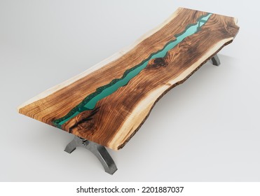 A Conference Room Table With Adjustable Metal Legs And A Natural Wooden Slab Surface With A Blue Resin Inlay On An Isolated Studio Background- 3D Render