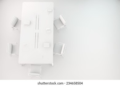 Conference Room With Table And Chairs In White From Above (3D Rendering)