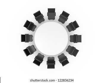 Conference Round Table And Black Office Chairs In Meeting Room, Top View, Isolated On White Background.