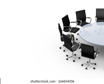 Conference Round Table And Office Chairs With Copy Space In Meeting Room, Isolated On White Background.