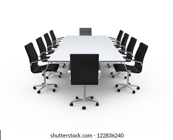 Conference Table And Black Office Chairs In Meeting Room, Isolated On White Background.