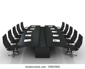 Conference Table And Chairs With Papers And Pens Isolated On White Background