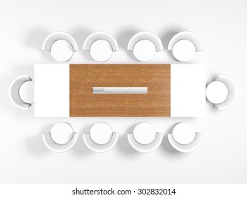 Conference Table And Office Chairs In Meeting Room, Top View, On White Background, 3d Render