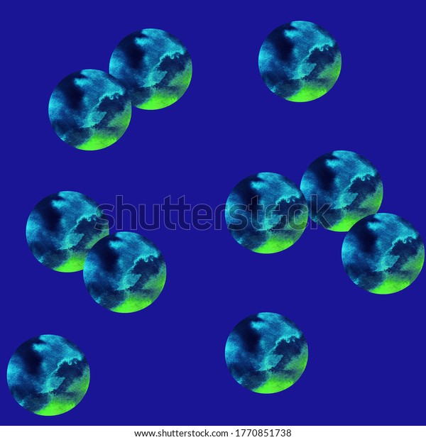 Confetti, bubbles - cover, background, seamless\
pattern. Watercolor dots (circles) isolated on blue background\
(90\'s style). Design for backgrounds, wallpapers, covers and\
packaging, wrapping\
paper.