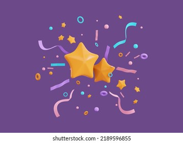 Confetti Explosion As Birthday Surprise. Ribbons, Stars And Heart Shape Popping Out From Party Popper Isolated On Purple Background. 3D Rendering