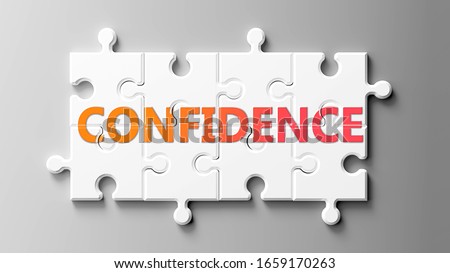 Confidence complex like a puzzle - pictured as word Confidence on a puzzle pieces to show that Confidence can be difficult and needs cooperating pieces that fit together, 3d illustration