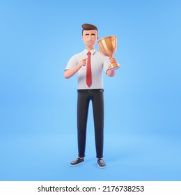 Confident Cartoon Character Businessman Hold Gold Prize Cup Over Blue Background. Leader Concept. 3d Render Illustration.