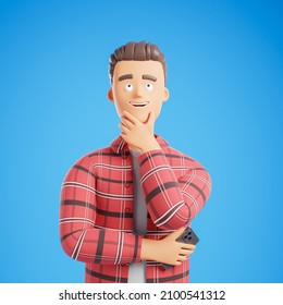 Confident Cartoon Character Man In Red Plaid Shirt With Phone Dream Think About Over Blue Background. 3d Render Illustration.