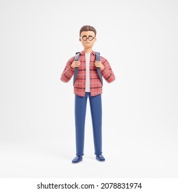 Confident Cartoon Character Student Man In Red Plaid Shirt Stand With Backpack Isolated Over White Background. University Education Concept. 3d Render Illustration.