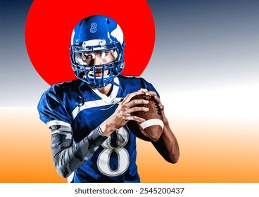 Confident and focused american football player wearing a blue uniform and holding a ball in his hands. No AI - Powered by Shutterstock