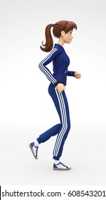 Confident, Strong And Active Jenny - 3D Cartoon Female Character Sports Model - Jogging Athlete In Active Lifestyle, In Athletic Gym Sweat Suit, Isolated On White Spotlight Background