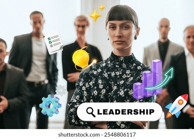 Confident woman in leadership role, surrounded by diverse team. Leadership, empowerment, and success. Businesswoman leading, inspiring, and achieving. Business leadership and team, mixed media. - Powered by Shutterstock