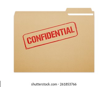 Confidential brown folder file with paper showing with a lot of copy space. Isolated on a white background with clipping path.