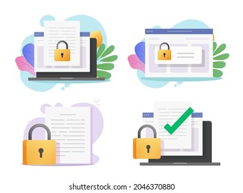 Confidential secure online digital computer data on web electronic document and secret protected access to information via lock flat cartoon illustration, website privacy permission concept image
