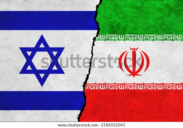 Conflict between Israel and\
Iran. Iran and Israel flags on a wall with a crack. Iran versus\
Israel