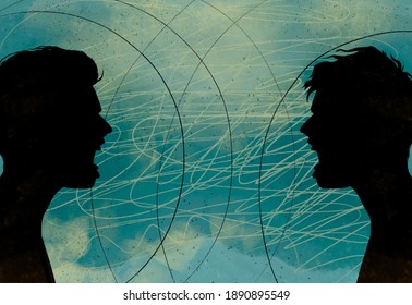 Conflict Between Two People. Anger, Aggression, Screaming, Argument. Banner. Dark Silhouettes On Abstract Background