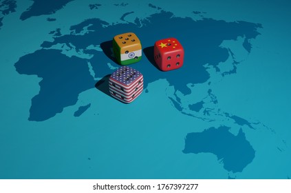 Conflict Between USA, India And China. India-China Relations. India Versus China. 3d Illustration.