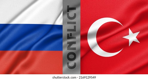 Conflict Russia and turkey, war between Russia vs turkey, fabric national flag Russia and Flag turkey, war crisis concept. 3D work and 3D image