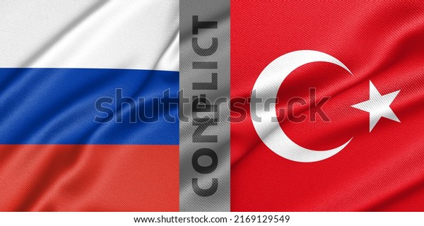 Conflict Russia and turkey, war between Russia vs\
turkey, fabric national flag Russia and Flag turkey, war crisis\
concept. 3D work and 3D\
image