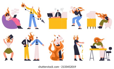 Conflict, Stress Situations, People In Fire At Work Or At Home. Stressed, Angry, Argue Chaotic Characters  Illustration Set. Emotional People In Fire. People Conflict And Stress Problem