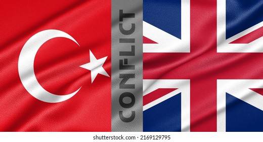 Conflict Turkey And United Kingdom, War Between Turkey Vs United Kingdom, Fabric National Flag Turkey And Flag United Kingdom, War Crisis Concept. 3D Work And 3D Image