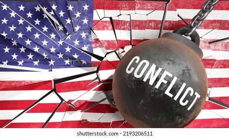 Conflict And USA America, Destroying Economy And Ruining The Nation. Conflict Wrecking The Country And Causing  General Decline In Living Standards.,3d Illustration