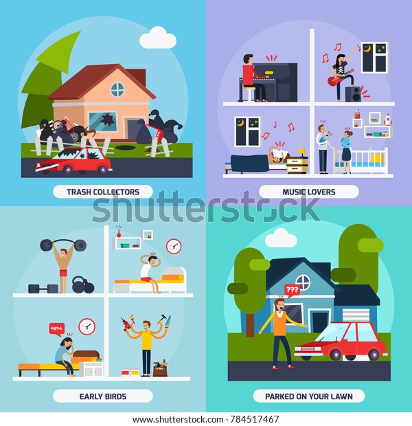 Conflicts\
with neighbors concept icons set with music lovers and trash\
collectors symbols flat isolated  illustration\
