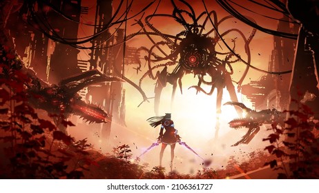 The confrontation of a beautiful cyber girl with electric furnaces against a huge robot with a bunch of iron tentacles with red lasers, at sunset in the middle of the ruins apocalyptic city. 2d art