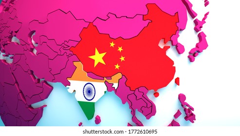 Confrontation Between The India And China. China And India National Flags Appear Together On The Map. Concept Of The Foreign Policy Conflict