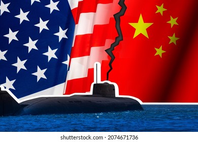 Confrontation Between USA And China. Submarine Over Sea. Chinese And American Flags. Military Confrontation At Sea. USA Is Military Threat To China. American Threat In Ocean. 3d Rendering.