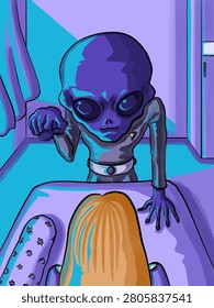 A confrontation inside a bedroom between an alien and a girl.