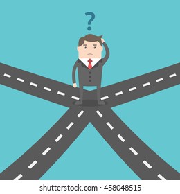 Confused Businessman Standing On Crossroads And Choosing Way. Choice, Opportunity, Confusion, Career, Decision And Solution Concept