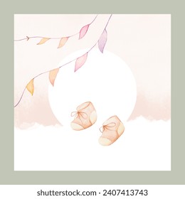 Congrats Baby Card. Hand Painted Watercolor Baby Shoes. Welcome Baby Girl Card. Baby Birth Announcement Illustration. Pink Beige Colors - Powered by Shutterstock